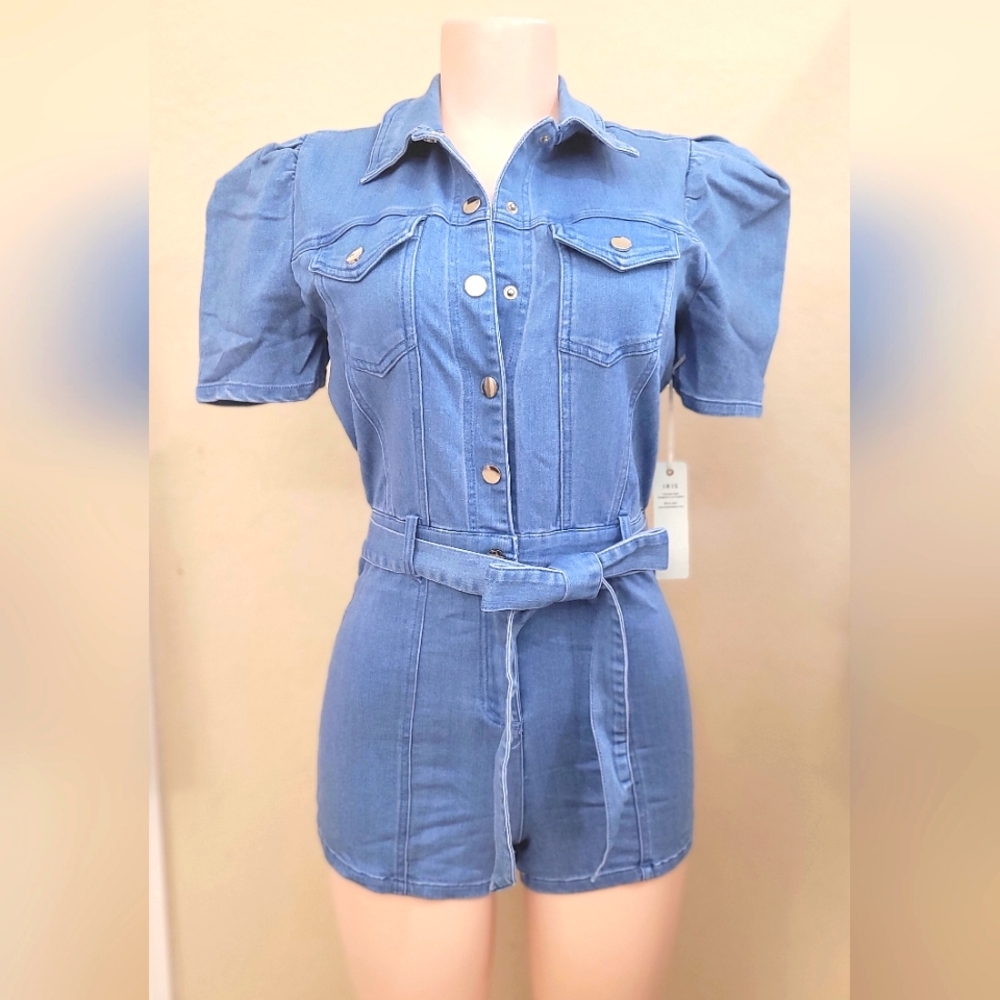 Iris Basic Blue Denim Short Sleeve Romper with Belt